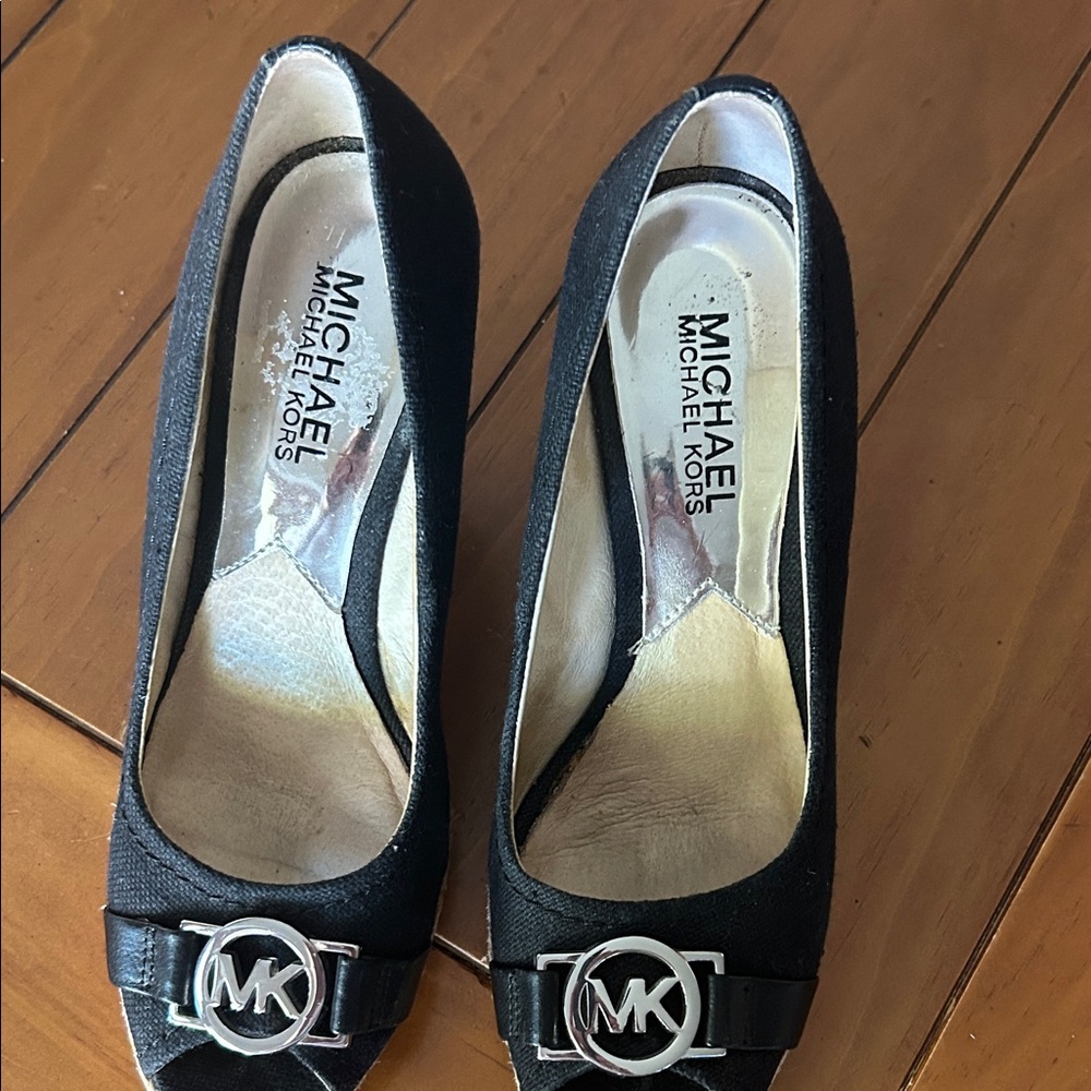 Michael Kors Black Espadrille Wedge Peep-Toe Pumps with Buckle - Picture 3 of 3